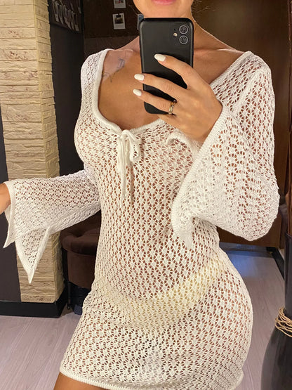 V Neck Long Sleeve Hollow Out Crochet Knitted Tunic Beach Cover Up Cover-ups Beach Dress Beach Wear Beachwear Female Women V6081