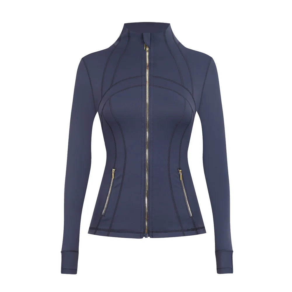 Personalized LOGO custom women's gold zip jacket tight stand-up collar quick-drying fitness running yoga suit 41-color S-3XL top
