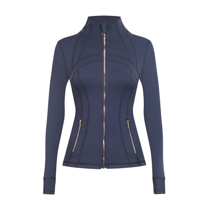 Personalized LOGO custom women's gold zip jacket tight stand-up collar quick-drying fitness running yoga suit 41-color S-3XL top