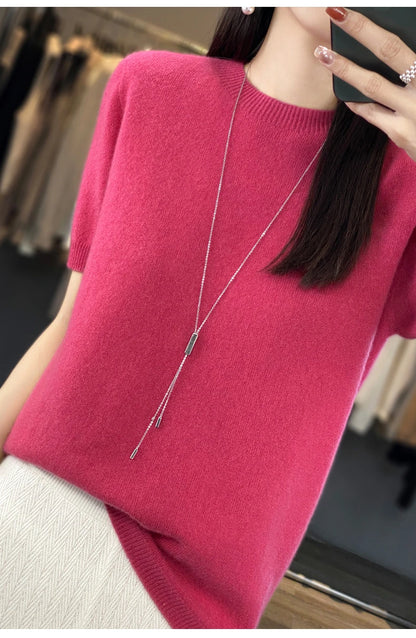 100% Merino wool women's O neck knitted T-shirt Korean pullover short sleeve sweater women's basic solid color half sleeve women