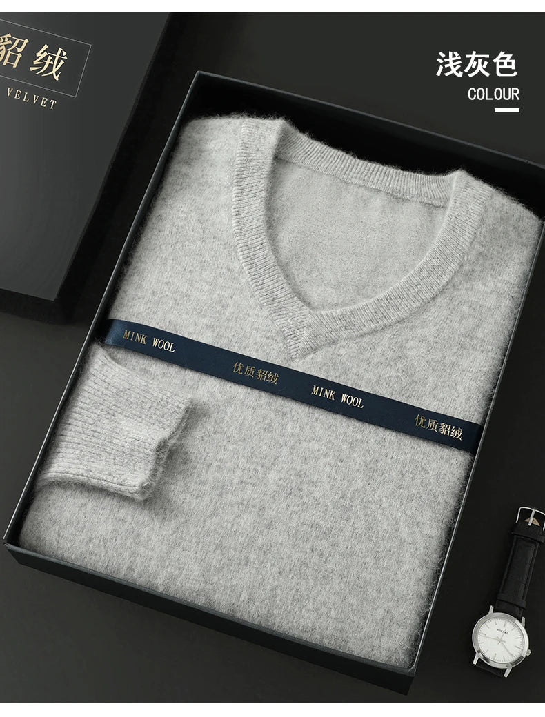 100% Pure Mink Cashmere Sweater Men's V-Neck Pullovers Knit Large Size Mink Sweater Winter New Long Sleeve High-End Jumpers Tops