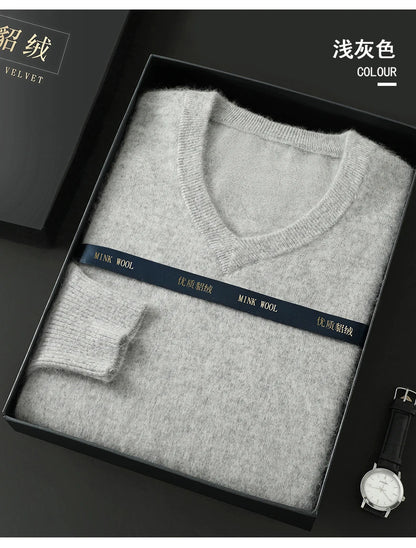 100% Pure Mink Cashmere Sweater Men's V-Neck Pullovers Knit Large Size Mink Sweater Winter New Long Sleeve High-End Jumpers Tops