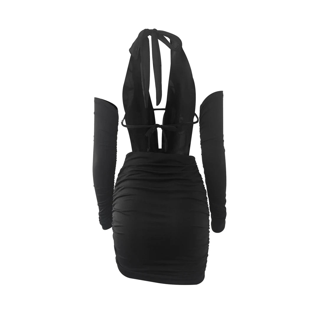 V Neck Halter Pleated Summer Dress Evening Party Bodycon Dress Elegant Mini Dress For Women Tight Dress Clubwear Vestidos VD367