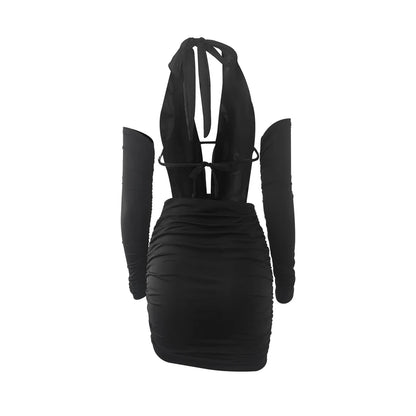 V Neck Halter Pleated Summer Dress Evening Party Bodycon Dress Elegant Mini Dress For Women Tight Dress Clubwear Vestidos VD367