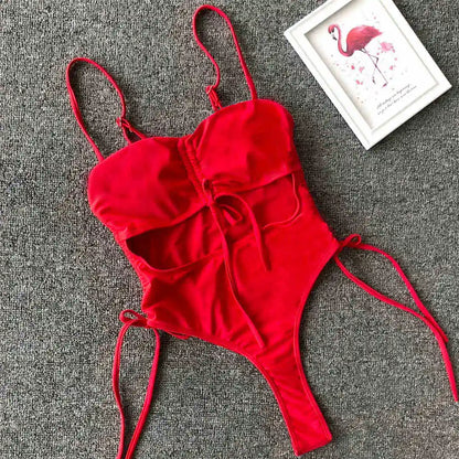 Sexy Lace Up Tummy Cut Out Monokini One Piece Swimsuit Women Swimwear Female Leopard Thong Bather Bathing Suit Swim Wear V1290