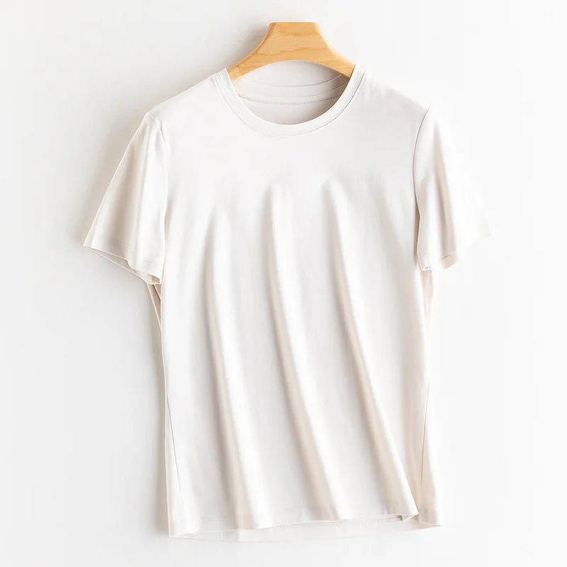 SuyaDream Women Solid T shirts, Silk Cotton Blend, O Neck, Short Sleeved Solid Tee,2025 Summer Candy Colors Basic Cozy Top Green