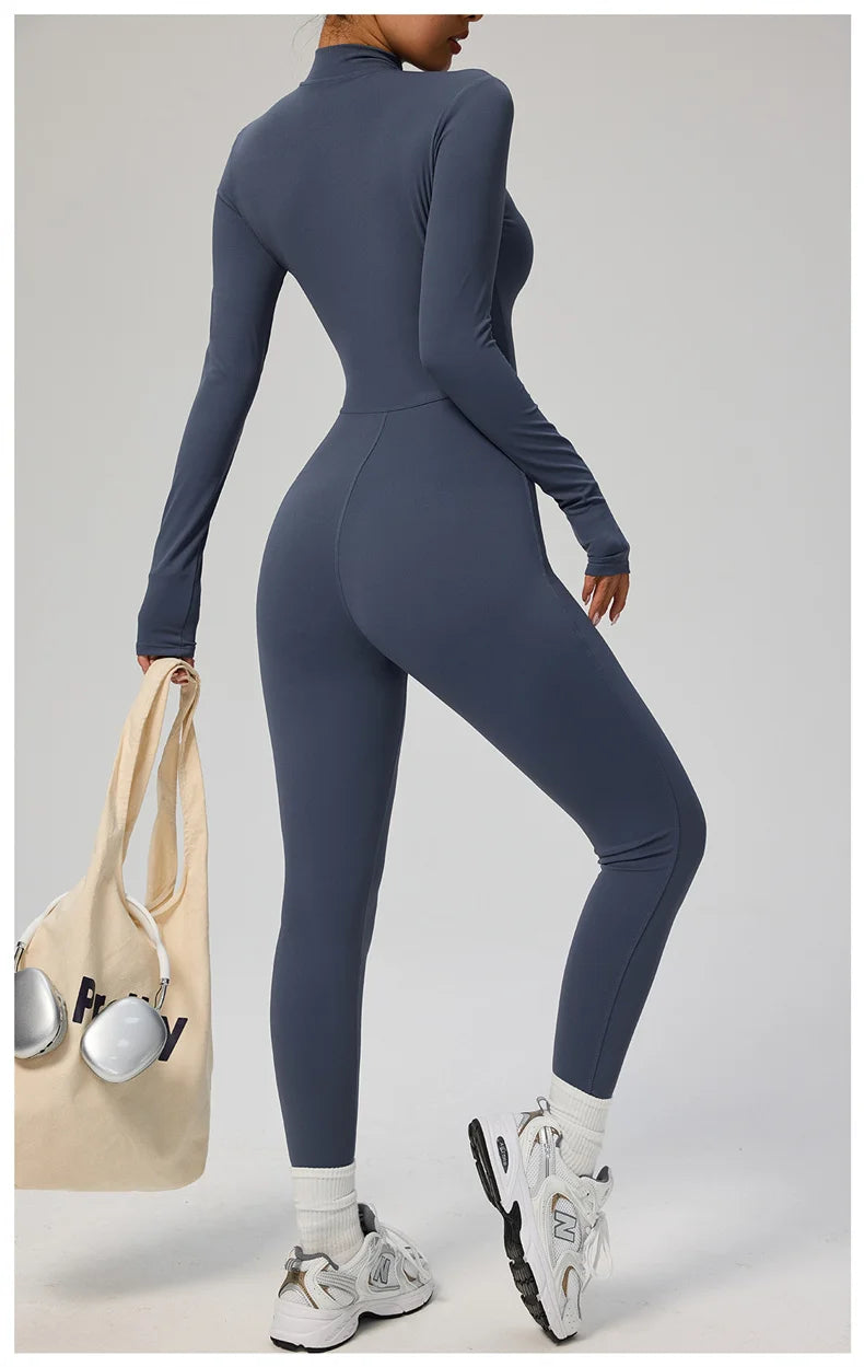 TRY TO BN Women's Jumpsuit Long Sleeve Zipper Shapewear Bodysuit Yoga Fitness One Piece Tights Gym Clothing Mono Deportivo Mujer