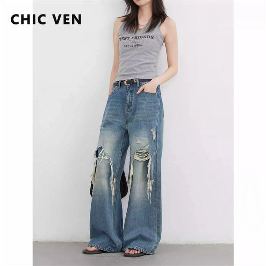 CHIC VEN Women Jeans Loose Casual High Waisted Wide Leg Ripped Rough Edge Denim Pants Female Trousers Spring Autumn 2025