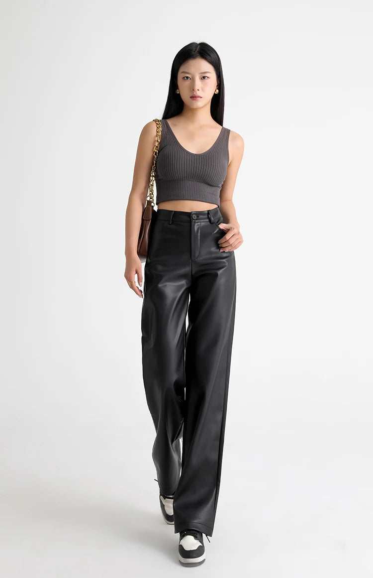 BIVIGAOS Fall Winter Fleece Loose Wide Leg Warm Leather Pants Women Button Pocket High Waist Thick PU Casual Straight Pants