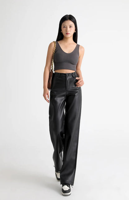 BIVIGAOS Fall Winter Fleece Loose Wide Leg Warm Leather Pants Women Button Pocket High Waist Thick PU Casual Straight Pants