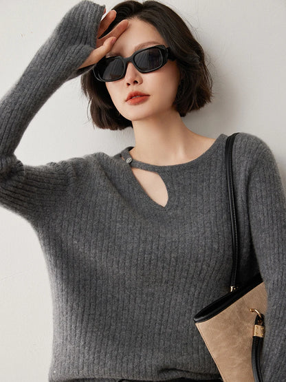 CHICUU Women's 100% Cashmere Knit Pullover Sweater Cut Out Collar Long Sleeve Pullover Autumn Winter Basic Cashmere Knitwear Top