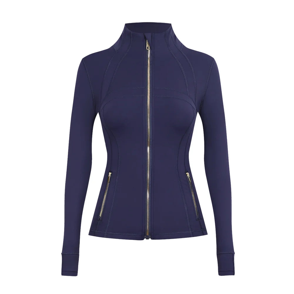Personalized LOGO custom women's gold zip jacket tight stand-up collar quick-drying fitness running yoga suit 41-color S-3XL top