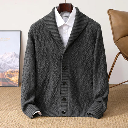 2025 Autumn Winter New Five Needle Thick 100% Merino Wool Sweater Men's Lapel Knit Cardigan Business Casual Warm Shirt Menswear