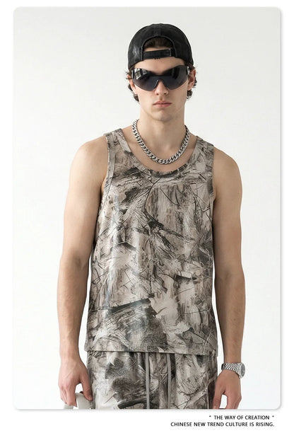 Custom LOGO men's 315G cotton polyester summer American street camouflage loose sports vest shorts outdoor fitness set
