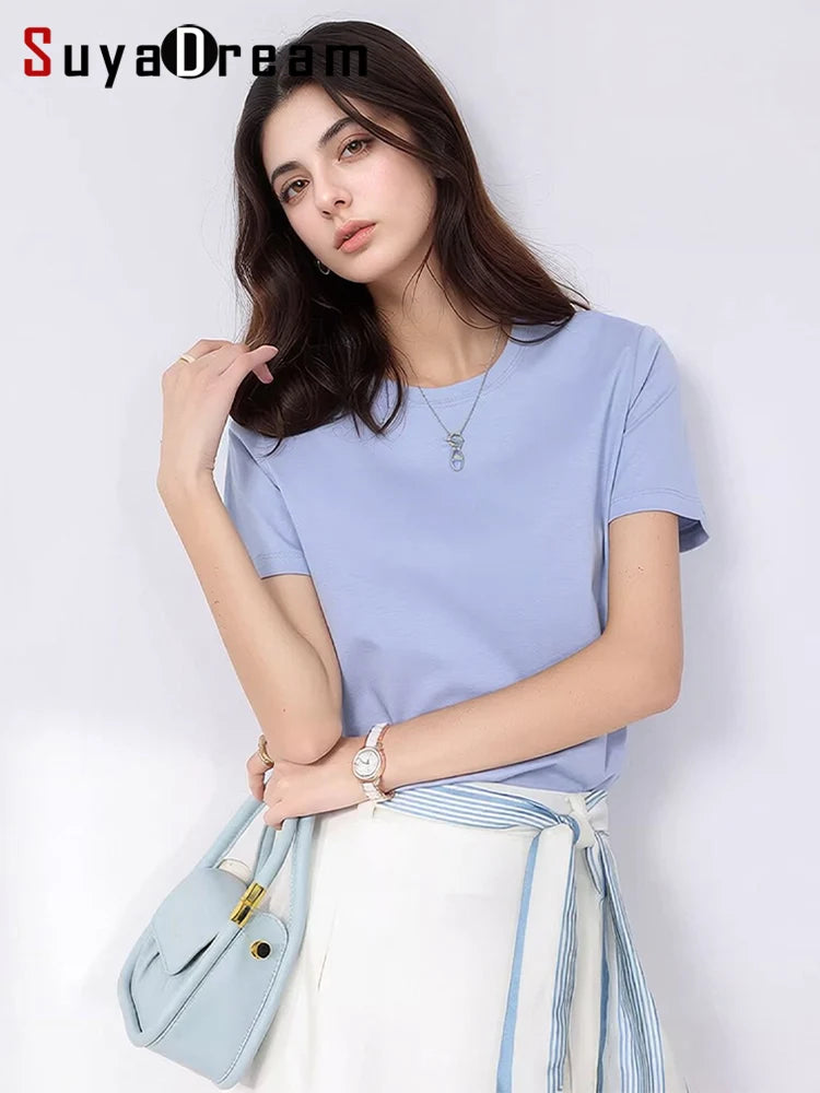 SuyaDream Women Solid T shirts, Silk Cotton Blend, O Neck, Short Sleeved Solid Tee,2025 Summer Candy Colors Basic Cozy Top Green