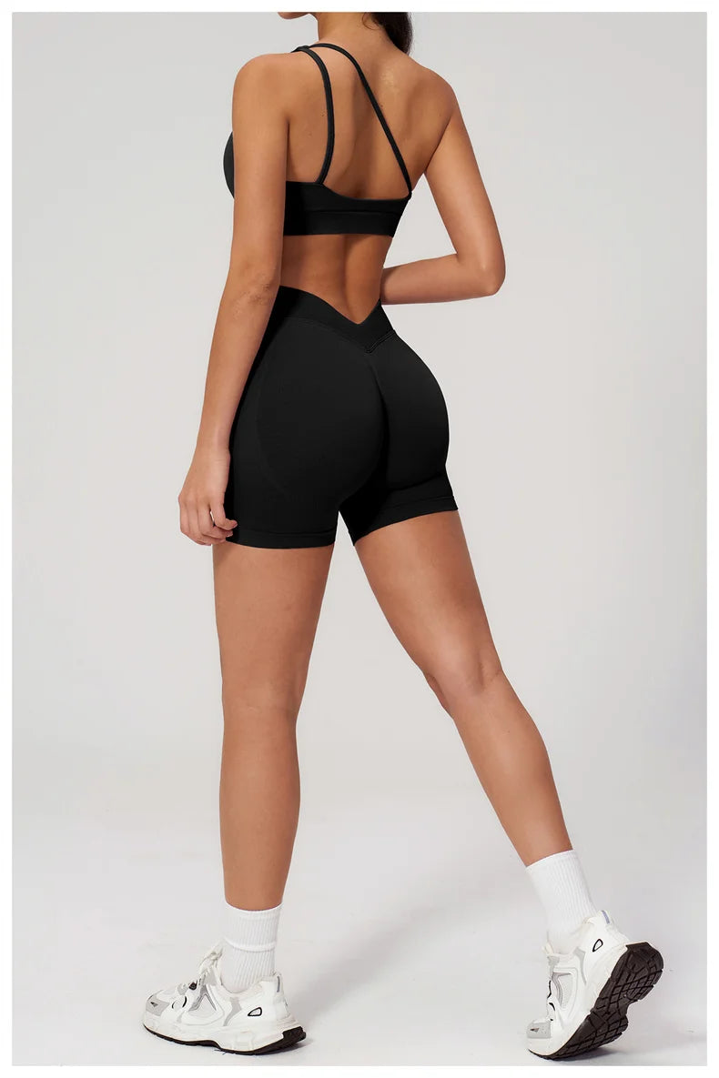 TRY TO BN Seamless Two Pieces Women's Tracksuit Yoga Shorts Set One-shoulder Hollow Backless Fitness Running Workout Gym Clothes