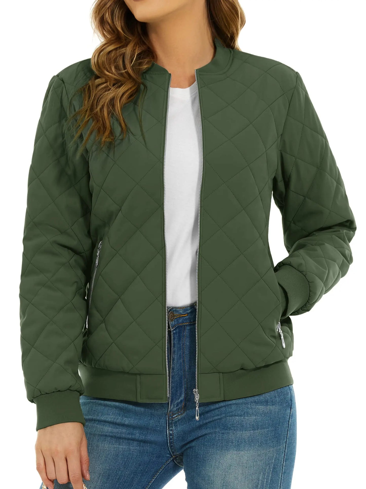 TACVASEN Padded Warm Jackets Womens Fashion Retro Pilot bomber Jackets Diamond Quilted Coats Full Zip Up Pockets Casual Outwear