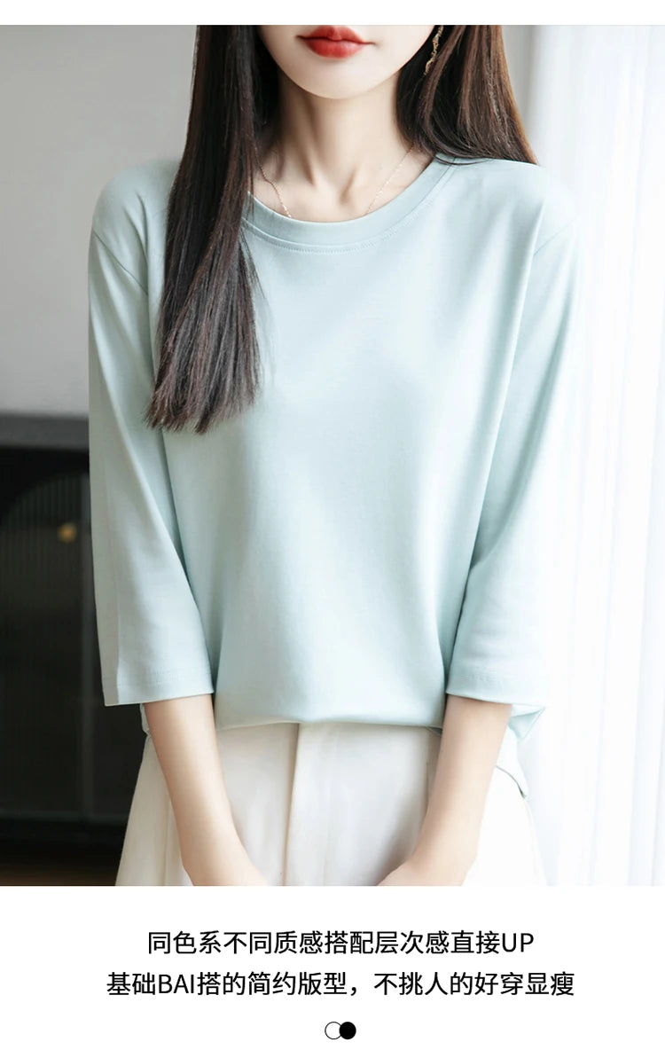 Spring And Summer New White Mercerized Cotton Short Sleeve T-Shirt Feminine Joker Cotton Cropped Sleeve Bottoming Shirt