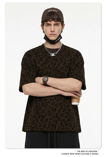 Custom LOGO men's new summer 240G cotton polyester American retro BOXY leopard print short-sleeved T-shirt casual loose top