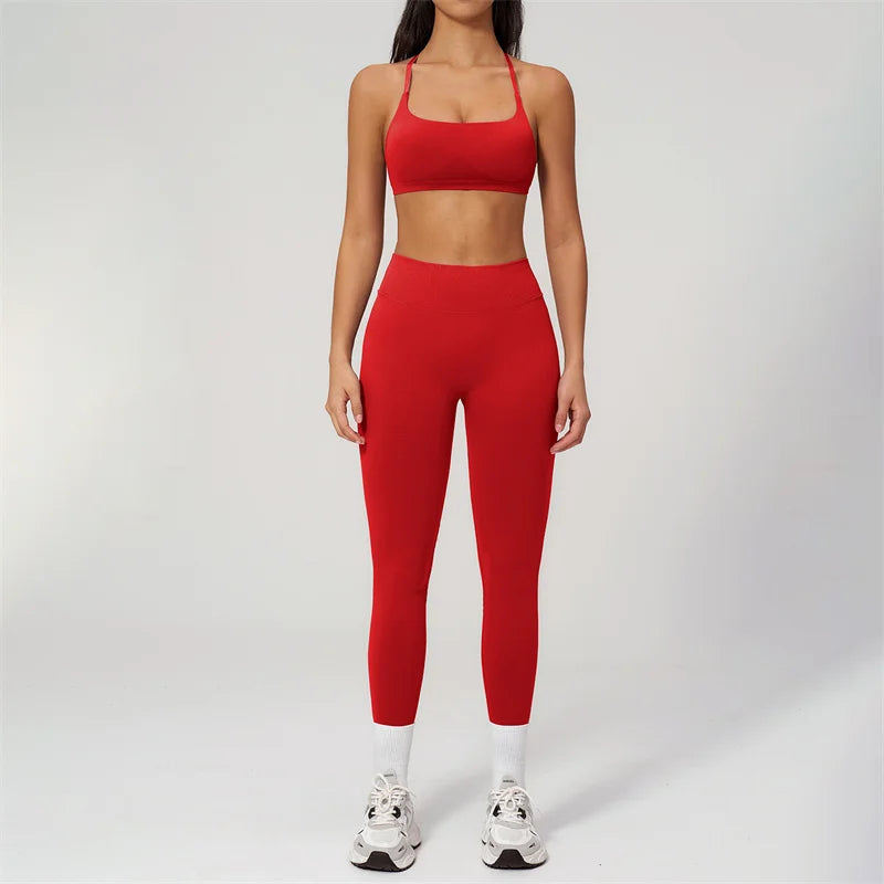 TRY TO BN Women Tracksuit 2 Piece Yoga Set Cross Bra High Waist V Waist Leggings Tummy Control Butt Lifting Workout Running Gym