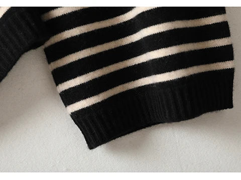 Women's Spring and Autumn 100% Merino Wool 90 Count Knitted Striped Wide Leg Pants
