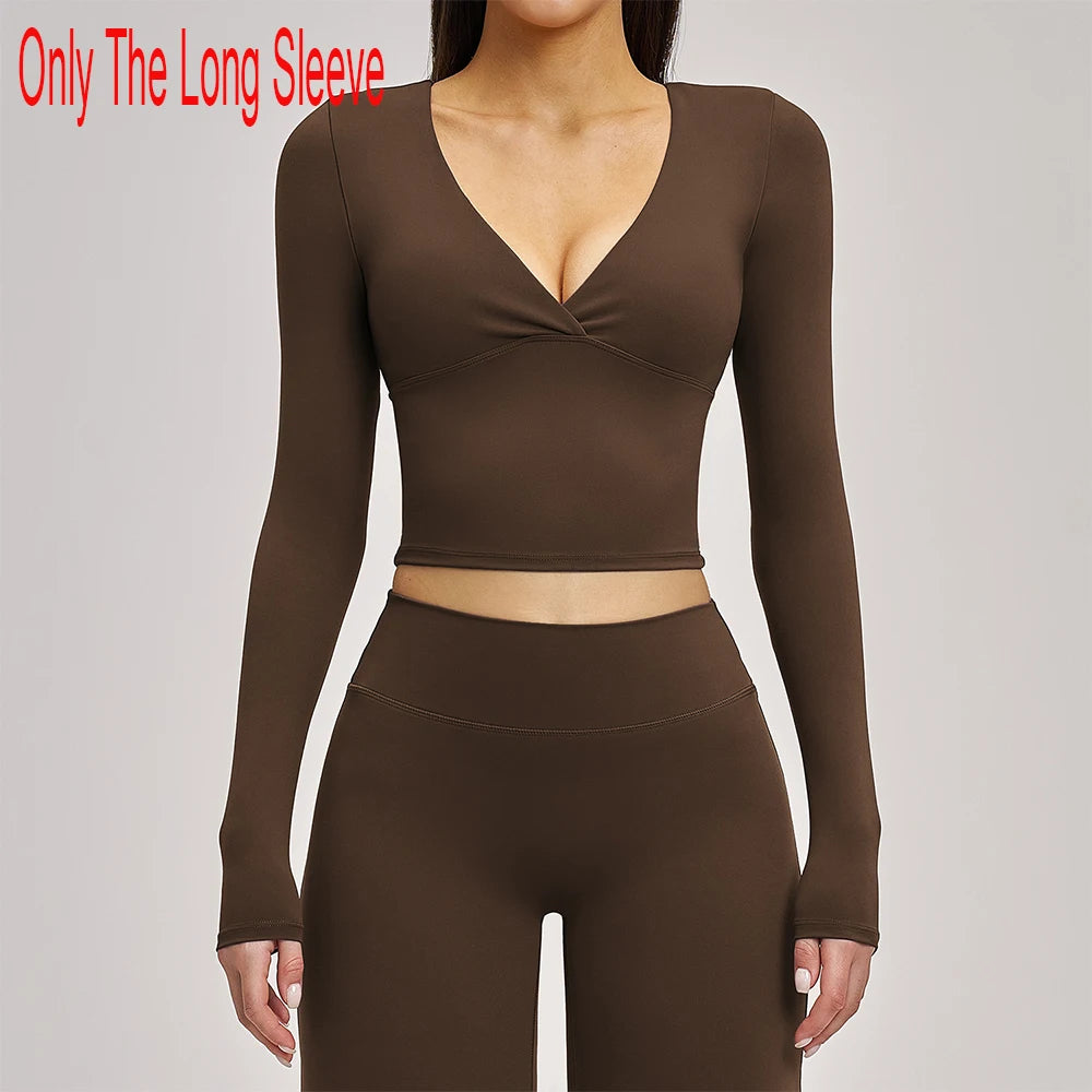 Deep-V Yoga Long Sleeve Solid Sports T-shirts Women's Gym Workout Shirts Sexy Quick Dry Fitness Long Sleeve Female Yoga Shirts