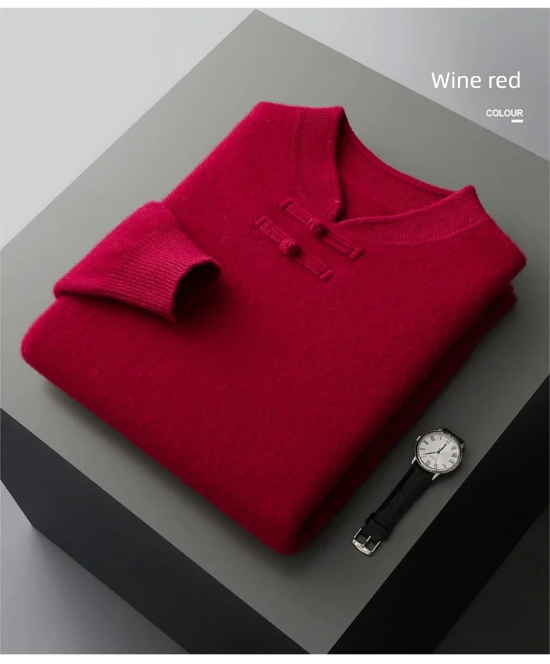 New Chinese Style Men's Pullover 100% Pure Wool Knit Sweater Autumn Winter Retro Stand Collar Long Sleeve Fashion Cashmere Tops