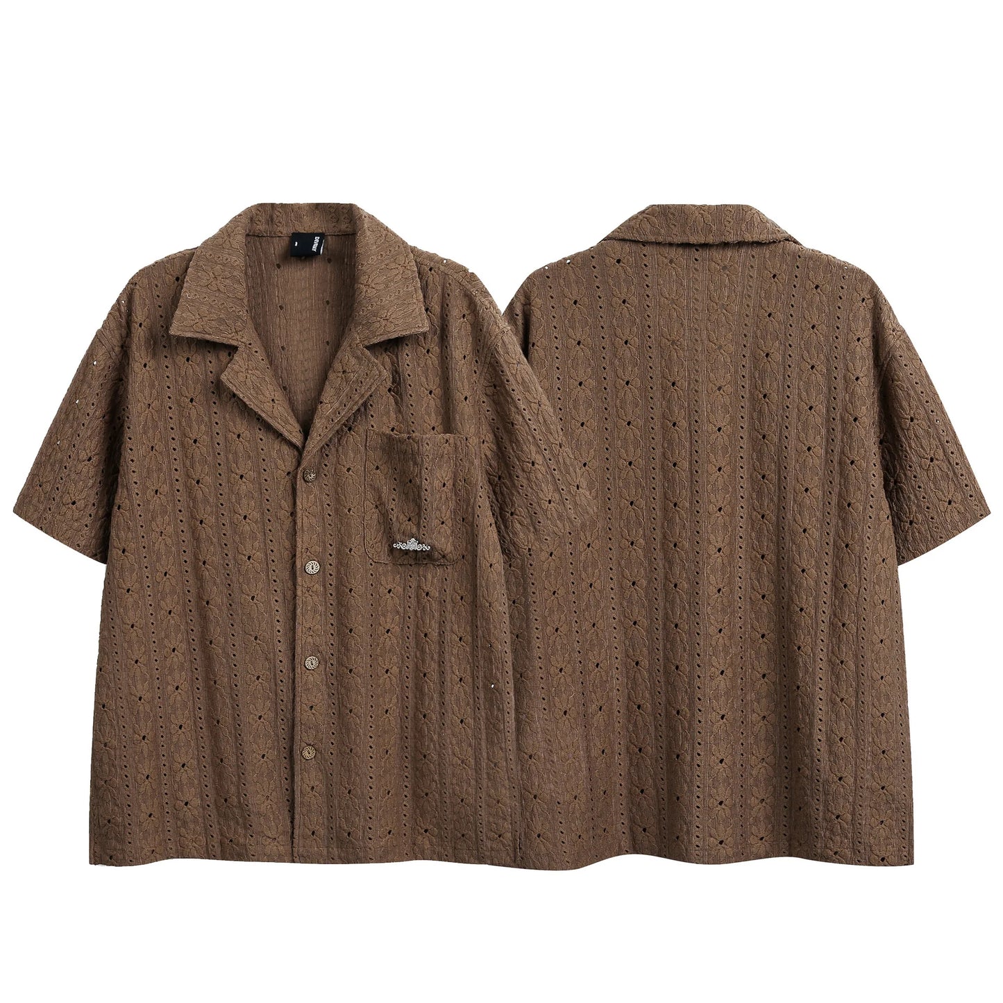 2026 New Hawaiian Vacation Style Maillard Jacquard Hollow Out Cuban Collar Short Sleeved Shirt Loose Five Quarter Sleeved Shirt