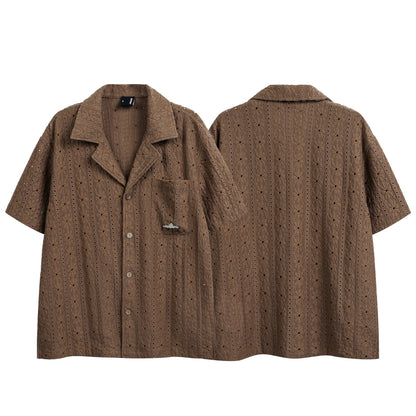 2026 New Hawaiian Vacation Style Maillard Jacquard Hollow Out Cuban Collar Short Sleeved Shirt Loose Five Quarter Sleeved Shirt