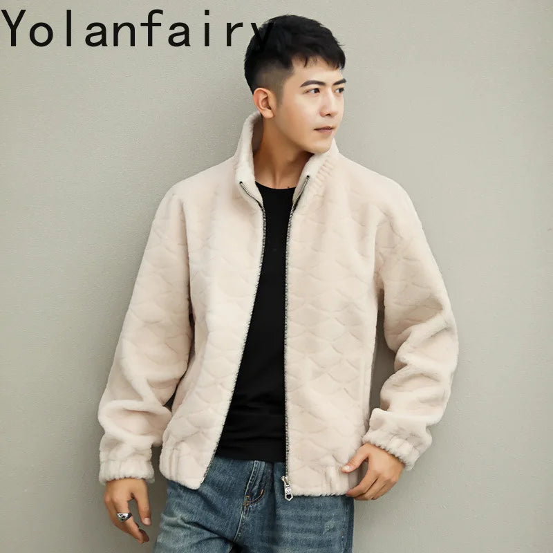YOLANFAIRY Winter 100% Sheep Shearing Jacket Man Clothing Fashion Stand Collar Granular Lamb Fur Coat Men's Jackets chaqueta