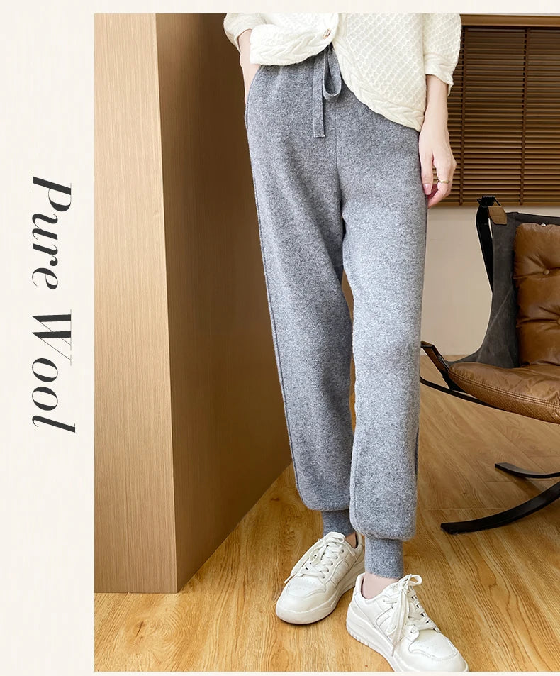 DjzDsm Women's Wool Pencil Pants Autumn Winter 100% Merino Wool Knitted Trousers Thick Soft Warm Pocket Casual Style Comfy Pants