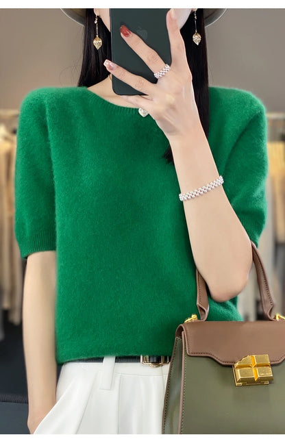 100% Merino wool women's O neck knitted T-shirt Korean pullover short sleeve sweater women's basic solid color half sleeve women