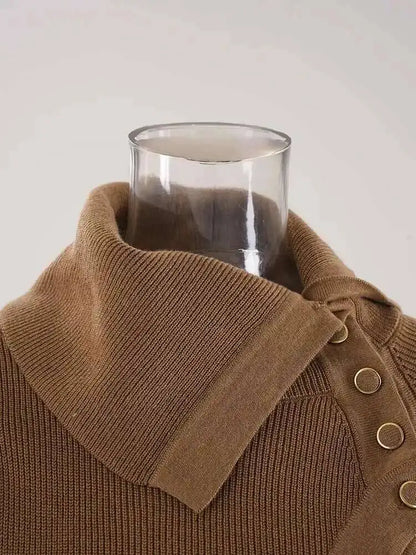 DEAT Fashion Brown Irregular Knitted Tops Women's Turtleneck Slim Fit Button Long Sleeves Short Sweater Autumn New