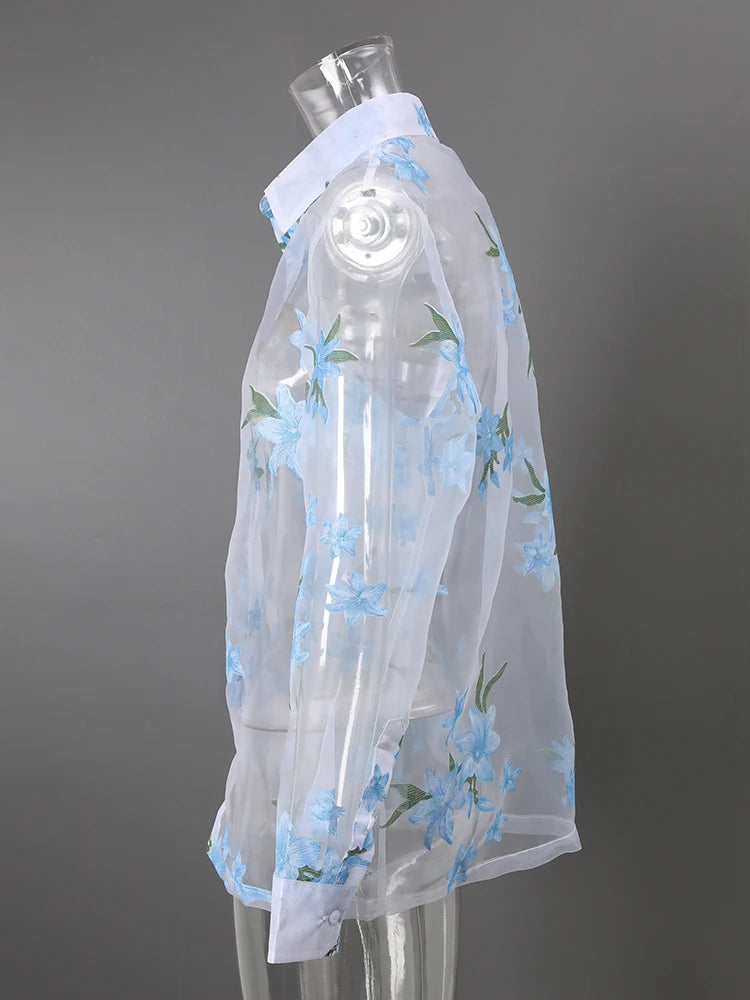 DEAT Fashion Floral Print Sheer Organza Shirt Women's Lapel Loose Light Blue Blouse Summer New