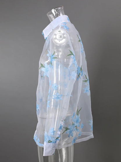 DEAT Fashion Floral Print Sheer Organza Shirt Women's Lapel Loose Light Blue Blouse Summer New