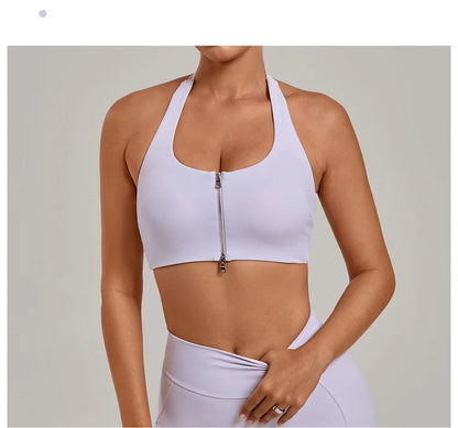TRY TO BN Yoga Sports Bra Women's Zipper Halter Neck Naked Feeling Backless Underwear Fitness Tops Workout Running Gym Clothing