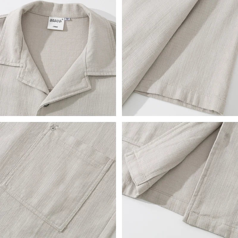 Summer Japanese Retro Amekaji Cuban Collar Workwear Short Sleeved Shirt Men and Women Loose Cotton Five Quarter Sleeved Shirt