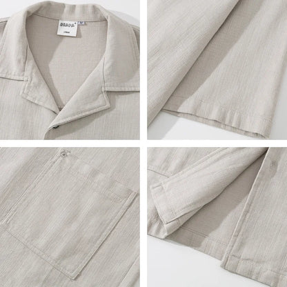 Summer Japanese Retro Amekaji Cuban Collar Workwear Short Sleeved Shirt Men and Women Loose Cotton Five Quarter Sleeved Shirt