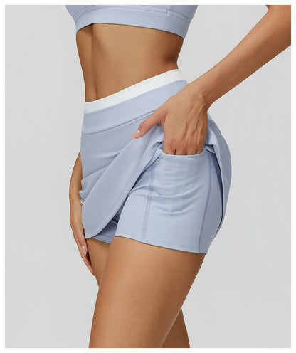 SWELTERING High Waist Pocket Skirt Fake Two Yoga Skirt Solid Color Sports Skirt Running Quick Drying Fitness Tennis Skirt