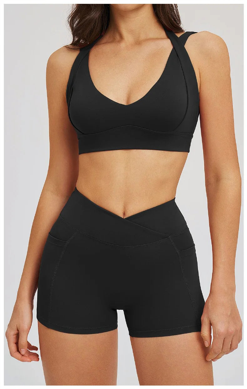 TRY TO BN Women's Tracksuit Shorts Sports Gym Set Halter Neck Fitness Cross Waisted Short Running Two Pieces Suits Yoga Clothing