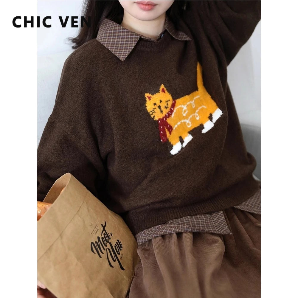 CHIC VEN New Women Sweaters Loose Casual O Neck Cartoon Cat Female Knitted Jumpers Pullovers for Girl Autumn Winter 2025