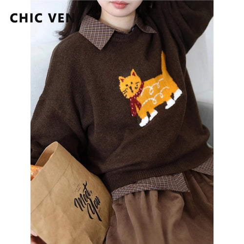 CHIC VEN New Women Sweaters Loose Casual O Neck Cartoon Cat Female Knitted Jumpers Pullovers for Girl Autumn Winter 2025