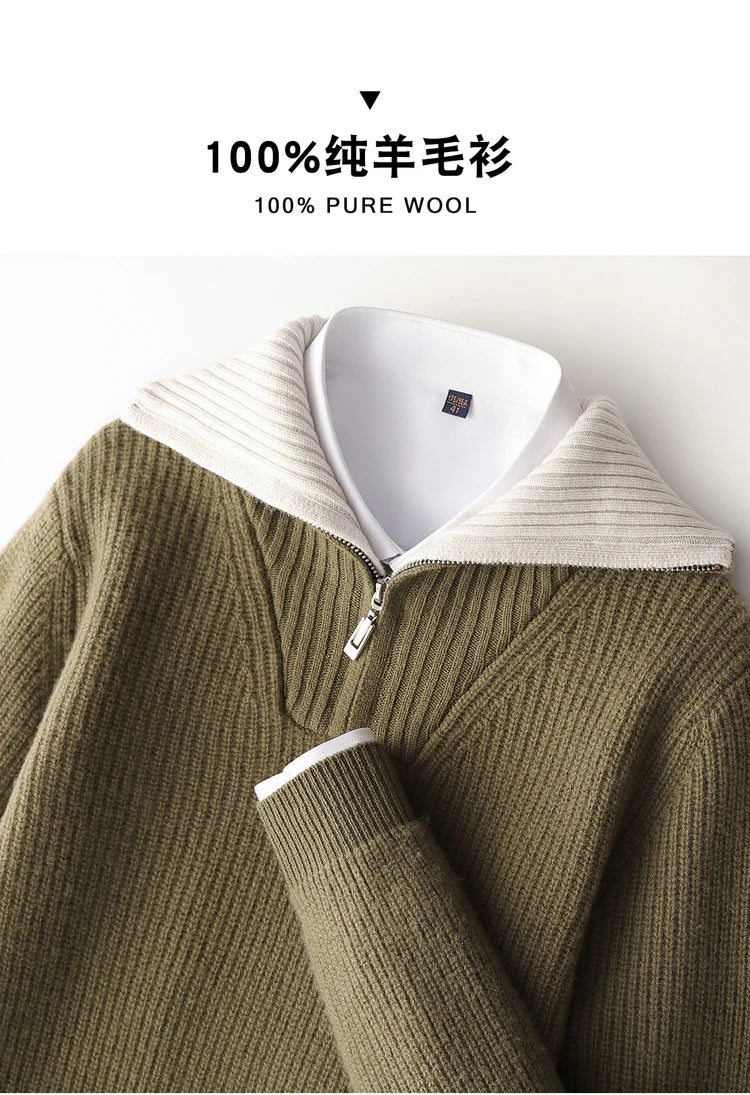 High Quality Men 100% Wool Sweater Turn Down Collar Zippers Pullover 2025 Autumn/Winter Thickened Soft Warm Knitwear Jumper Tops