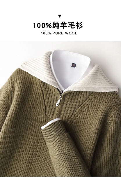 High Quality Men 100% Wool Sweater Turn Down Collar Zippers Pullover 2025 Autumn/Winter Thickened Soft Warm Knitwear Jumper Tops