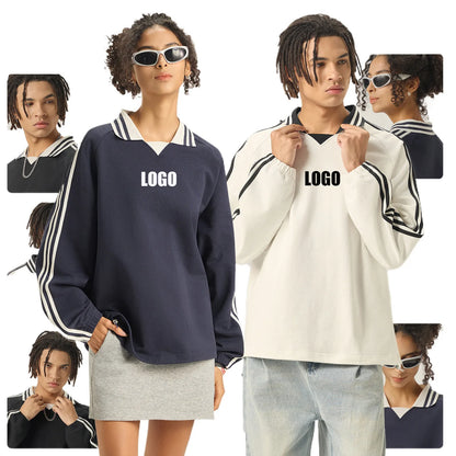 Custom LOGO men's American striped 100% cotton sweater 380G college style contrasting color lapel couple commuter sweater
