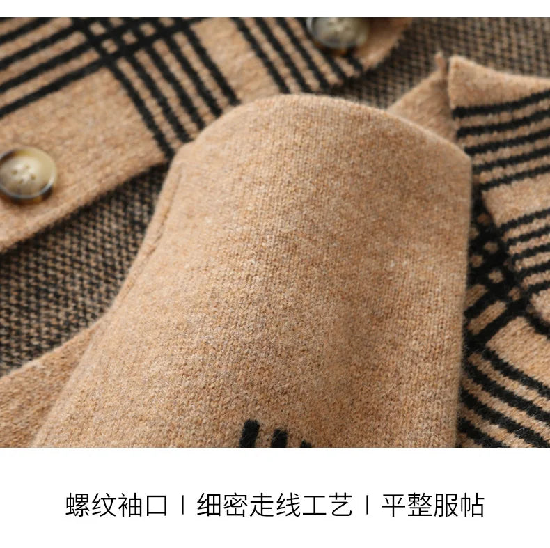 100% Merino Wool Men's Lapel Collar Knit Cardigan Coat 2025 Spring/ Autumn New POLO Neck Grid Suit Shirt Cashmere Jacket Sweater