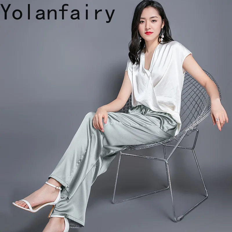 YOLANFAIRY Casual Wide Leg Pants Summer 95% Real Mulberry Silk Women's Pants Korean Loose Trousers Woman Silk Pants Full Length