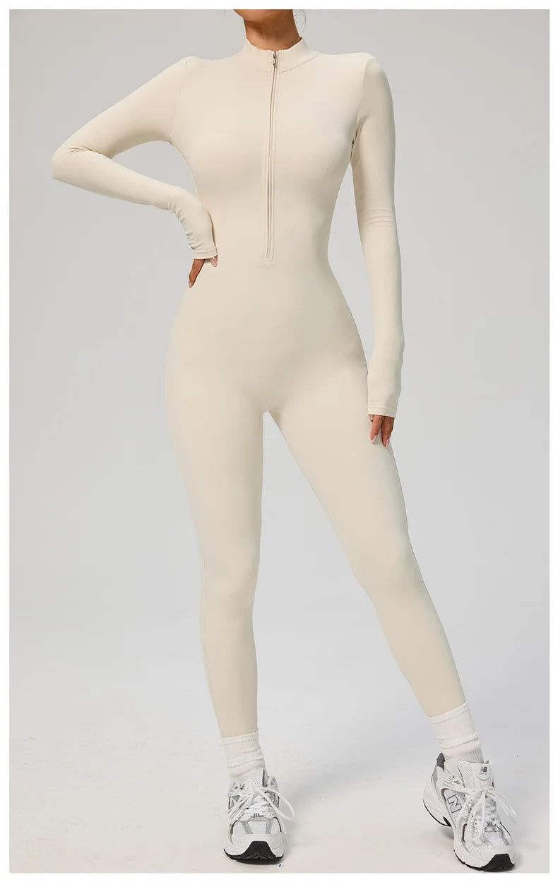 TRY TO BN Women's Jumpsuit Long Sleeve Zipper Shapewear Bodysuit Yoga Fitness One Piece Tights Gym Clothing Mono Deportivo Mujer