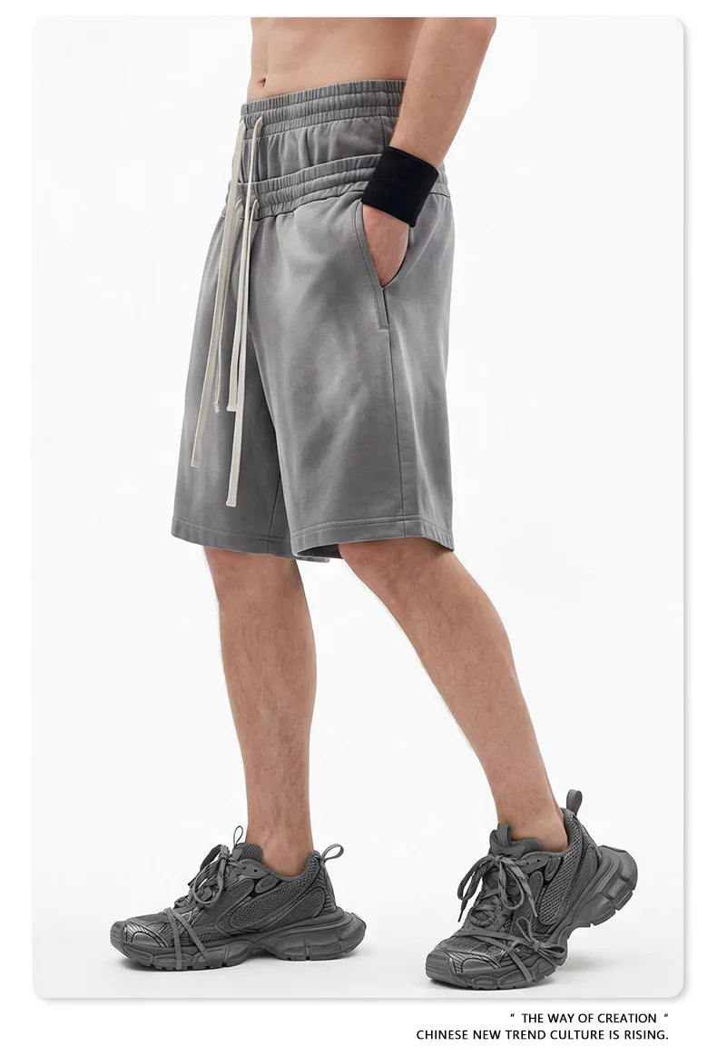 Custom LOGO men's 320G heavy 100% washed and old double waist high waist medium pants loose casual sports five-point shorts