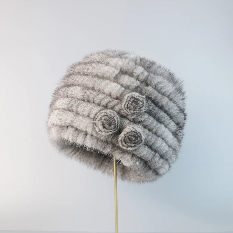 New fashion Genuine real natural women's knitted Mink Fur Hat  hand made knit Fashion Winter Headgear  brimless cap